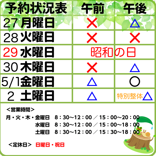 予約状況4/27-5/2