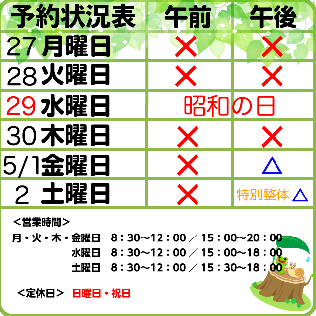 予約状況4/27-5/2